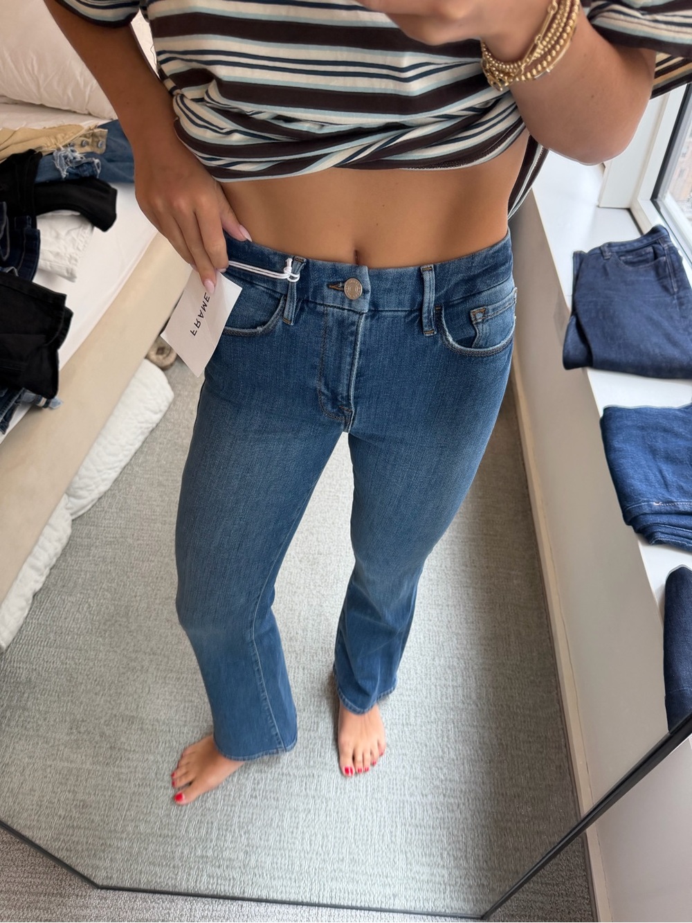 FRAME WITH TAGS Women's Mid-Rise Straight Jeans in Blue- Le Crop Mini Boot